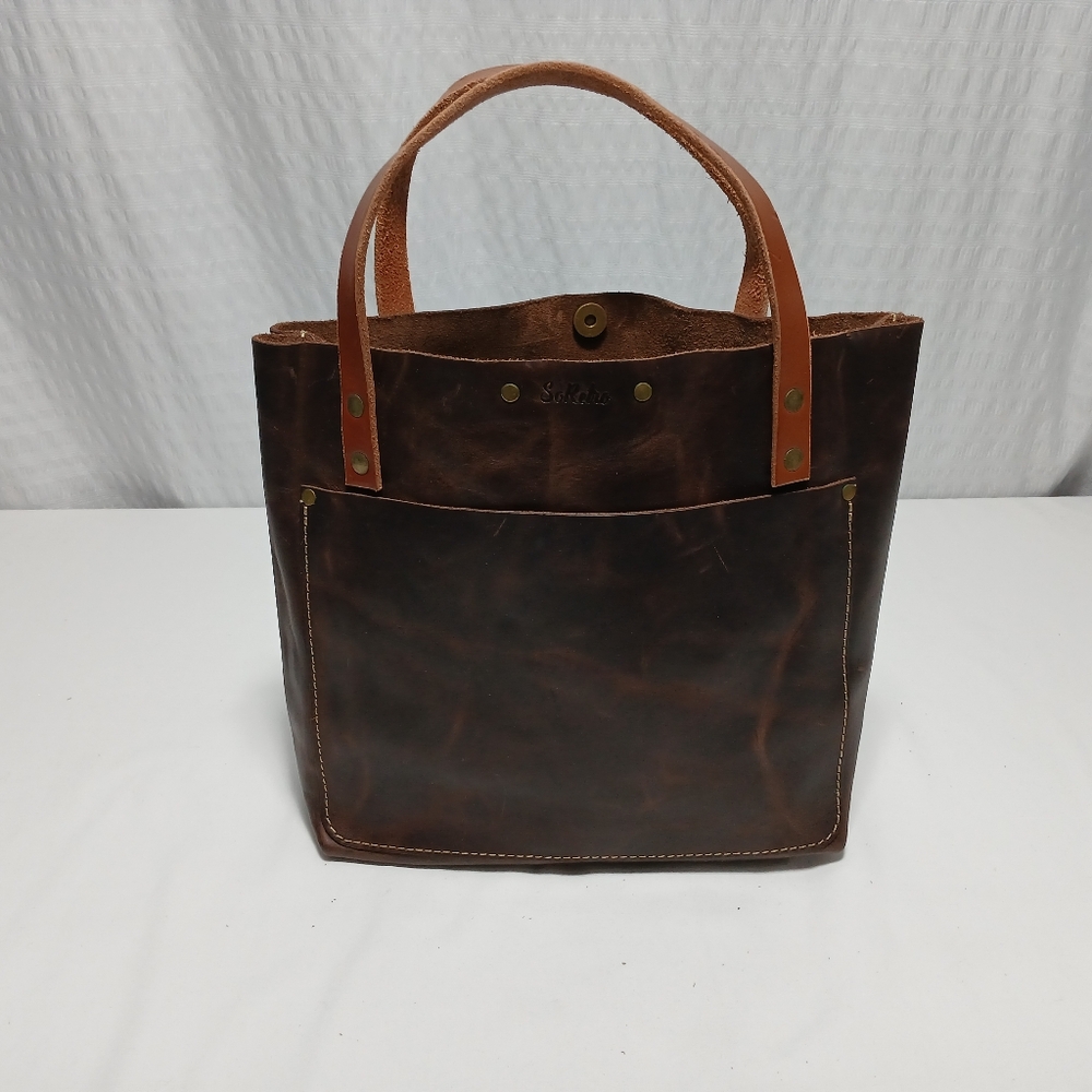 So Retro Original FYG Handcrafted Leather Tote . Coffee In Color